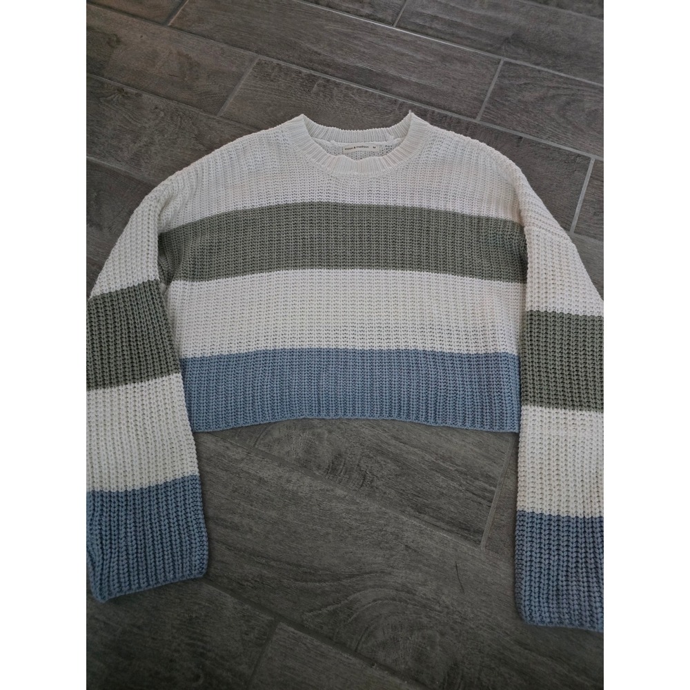 Moon & Madison Striped Crew‎ Pullover Crop Sweater Blue Green White Colorblock